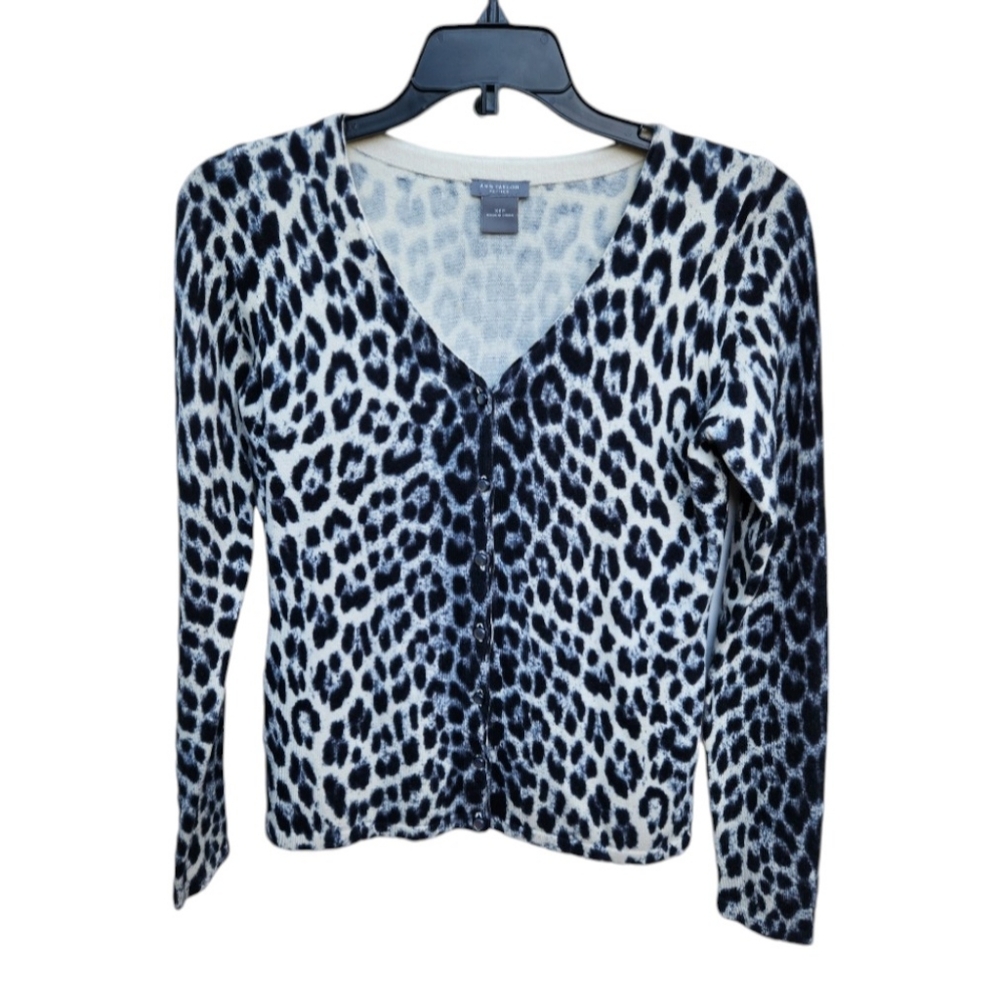 Ann Taylor Petites Cardigan Sweater Silk Blend Animal Print V-Neck Size XSP